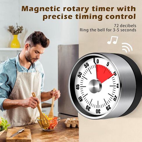 مؤقت مطبخ ميكانيكي ممتاز، لا يتطلب بطارية، قاعدة مغناطيسية، تحكم في قرص ملتوي، تصميم موفر للمساحة لتمارين الطبخ، فضي وأسود in Kuwait