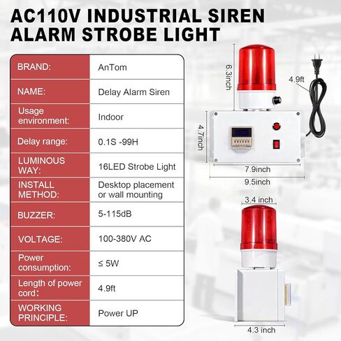 Industrial Cycle Timer Siren Alarm 5-115dB Adjustable, Auto-Repeat Timing Alarm with Flashing Light for Industrial Safety, Facility Reminders, Workshops, Laboratories, (AC110V) in Kuwait