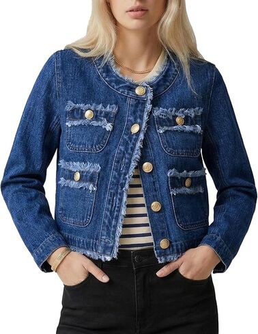 Ladyful Women's Cropped Denim Jacket Frayed Collarless Button Down Long Sleeve Pockets Jean Coat in Kuwait