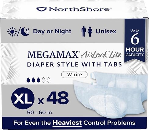 NorthShore MegaMax AirLock Lite Breathable 6-Hour Tab-Style Adult Diapers, Medium, Trial Pack of 4, White, 32-44 inches, Unisex Incontinence Underwear in Kuwait
