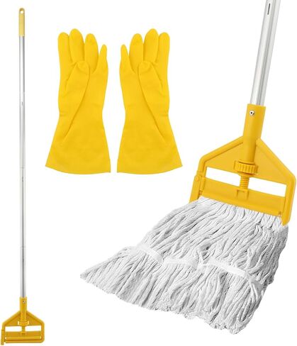 مقبض ممسحة تجارية، استبدال عصا الممسحة الصناعية مقاس 60 بوصة، حامل بديل لرأس المماسح الرطبة شديد التحمل مع قفازات لتنظيف الأرضيات الاحترافية/الصناعية (اللون: أصفر) in Kuwait