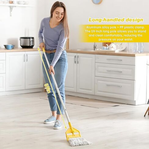 مقبض ممسحة تجارية، استبدال عصا الممسحة الصناعية مقاس 60 بوصة، حامل بديل لرأس المماسح الرطبة شديد التحمل مع قفازات لتنظيف الأرضيات الاحترافية/الصناعية (اللون: أصفر) in Kuwait
