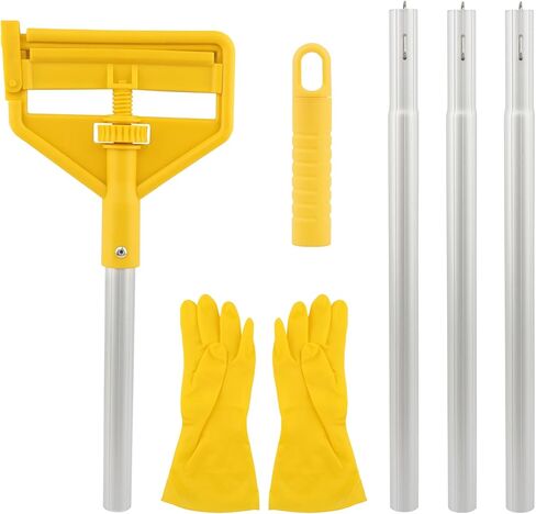 مقبض ممسحة تجارية، استبدال عصا الممسحة الصناعية مقاس 60 بوصة، حامل بديل لرأس المماسح الرطبة شديد التحمل مع قفازات لتنظيف الأرضيات الاحترافية/الصناعية (اللون: أصفر) in Kuwait
