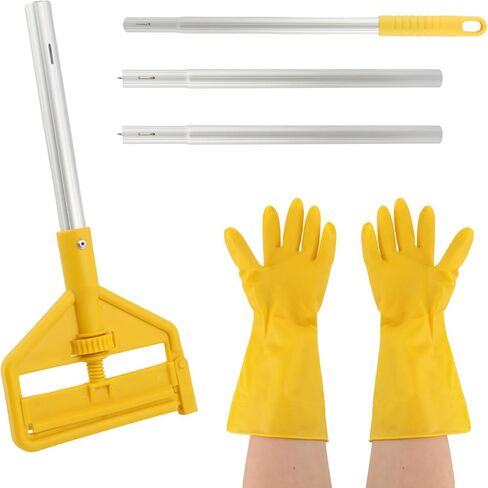 مقبض ممسحة تجارية، استبدال عصا الممسحة الصناعية مقاس 60 بوصة، حامل بديل لرأس المماسح الرطبة شديد التحمل مع قفازات لتنظيف الأرضيات الاحترافية/الصناعية (اللون: أصفر) in Kuwait