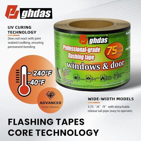 شريط وامض للنوافذ والأبواب، 3.75 بوصة × 75 بوصة، قوة صناعية للنوافذ والأبواب، مقاوم للطقس، مقاوم للأشعة فوق البنفسجية، مقاوم للتمزق، لاصق أكريليك متقدم، أسود in Kuwait