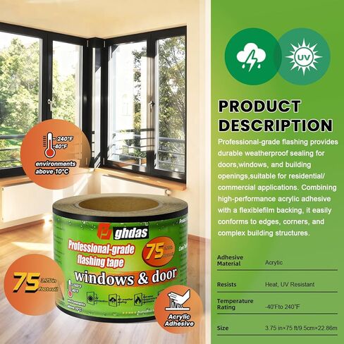 شريط وامض للنوافذ والأبواب، 3.75 بوصة × 75 بوصة، قوة صناعية للنوافذ والأبواب، مقاوم للطقس، مقاوم للأشعة فوق البنفسجية، مقاوم للتمزق، لاصق أكريليك متقدم، أسود in Kuwait