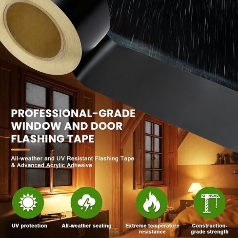شريط وامض للنوافذ والأبواب، 3.75 بوصة × 75 بوصة، قوة صناعية للنوافذ والأبواب، مقاوم للطقس، مقاوم للأشعة فوق البنفسجية، مقاوم للتمزق، لاصق أكريليك متقدم، أسود in Kuwait