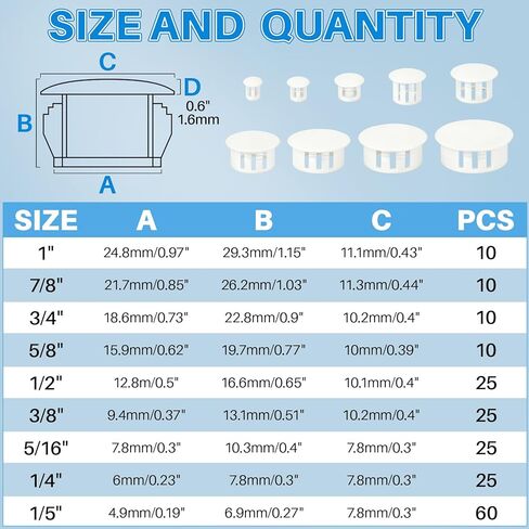 200Pcs Plastic Hole Plugs, 9-Size Round Nylon Screw Hole Cover 1/5" 1/4" 5/16" 3/8" 1/2" 5/8" 3/4" 7/8"1",White Flush Type Panel Knockout Locking Plugs,Drill Hole Insert End Caps for Furniture Cabinet in Saudi Arabia