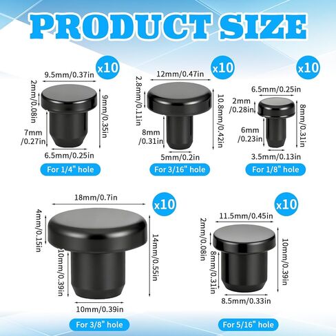 50 PCS Silicone Rubber Hole Plugs 1/8" 3/16" 1/4" 5/16" 3/8" Holes Rubber Bumper Plugs Round Rubbers Stoppers Plug Black Rubber-Plug Kit Assorted Sizes for Round Holes Bottles Tube in Saudi Arabia