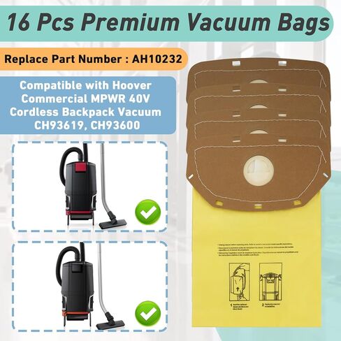 16PCS AH10232 Sealed Collar Vacuum Bags Compatible with Hoover Commercial MPWR 40V Cordless Backpack Vacuum, Leak-Proof Sealed Collar for CH93619, CH93600, Type CB1 Filter Bag in Saudi Arabia