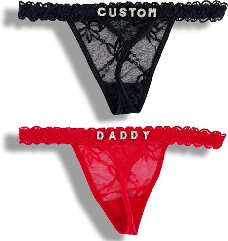 2-Pack Custom Thongs With Name on It, Personalized Name Panties Hand-Sewn Rhinestone Underwear for Women Valentines Day Black in Saudi Arabia