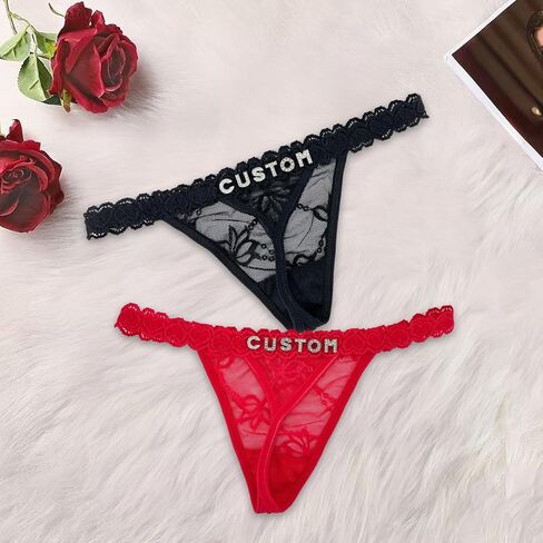 2-Pack Custom Thongs With Name on It, Personalized Name Panties Hand-Sewn Rhinestone Underwear for Women Valentines Day Black in Saudi Arabia