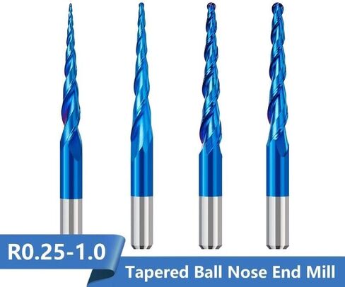 4pcs 2-Flute Tapered Ball Nose Spiral End Mill R0.25-1.0 Carbide Milling Cutter CNC Router Bit Wood Cutters Milling Tools 2D and 3D Engraving Carving Woodworking Bits in Kuwait