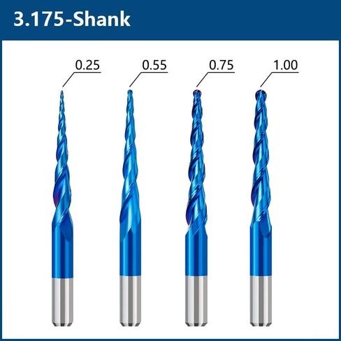 4pcs 2-Flute Tapered Ball Nose Spiral End Mill R0.25-1.0 Carbide Milling Cutter CNC Router Bit Wood Cutters Milling Tools 2D and 3D Engraving Carving Woodworking Bits in Kuwait