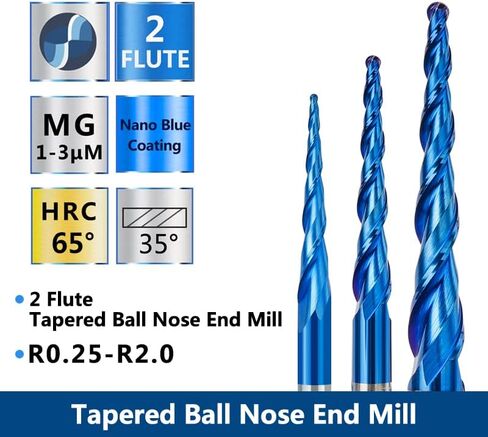 4pcs 2-Flute Tapered Ball Nose Spiral End Mill R0.25-1.0 Carbide Milling Cutter CNC Router Bit Wood Cutters Milling Tools 2D and 3D Engraving Carving Woodworking Bits in Kuwait