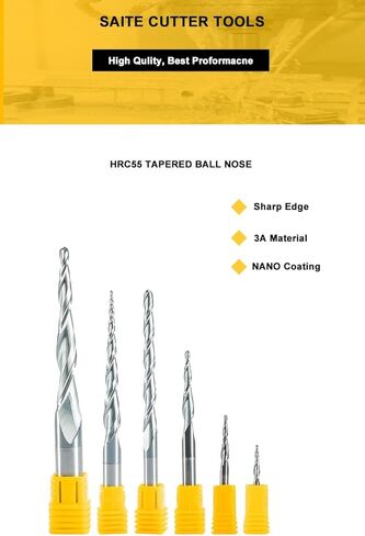 2PCS CNC Router Bits 3D Carving Tapered Angle 2 Flute Ball Nose End Mills R1.0*D6*25 * 75L*2F HRC55 Tungsten Solid Carbide Coated Tapered Ball Nose End Mills in Kuwait