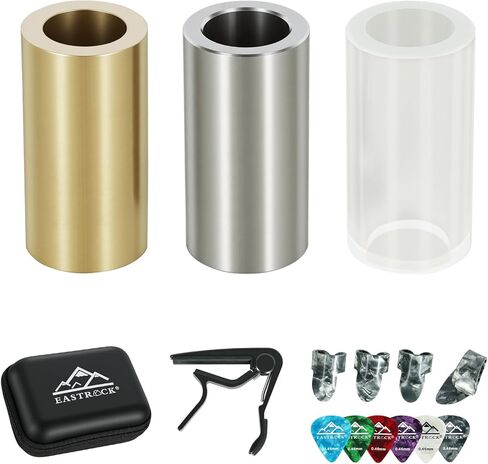EASTROCK Small Guitar Slides Set,Includes Glass/Stainless Steel/Brass Slides,4 Thumb/Finger Picks, 6 Celluloid Picks,Capo，Organizer Box，Suitable for Acoustic/Electric Guitar,Bass. in Kuwait