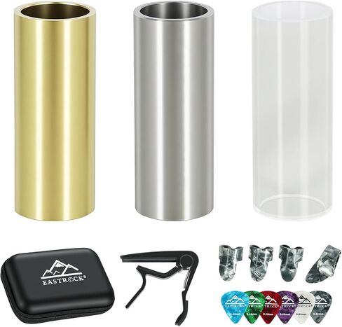 EASTROCK Small Guitar Slides Set,Includes Glass/Stainless Steel/Brass Slides,4 Thumb/Finger Picks, 6 Celluloid Picks,Capo，Organizer Box，Suitable for Acoustic/Electric Guitar,Bass. in Kuwait