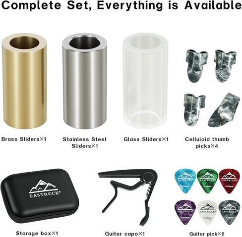 EASTROCK Small Guitar Slides Set,Includes Glass/Stainless Steel/Brass Slides,4 Thumb/Finger Picks, 6 Celluloid Picks,Capo，Organizer Box，Suitable for Acoustic/Electric Guitar,Bass. in Kuwait