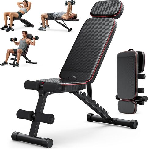 مقعد تمرين XDDIAS، 10 مساند ظهر قابلة للتعديل مع مسند رأس ممتد، مقعد وزن قابل للطي بوزن 800 رطل لصالة الألعاب الرياضية المنزلية، مقعد مسطح مدمج للتدريب على المساحات الصغيرة in Kuwait