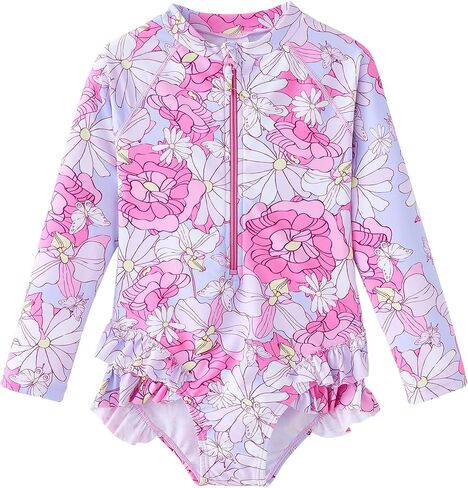UMELOK Girls Long Sleeve Rash Guard One Piece Swimsuits UPF 50+ Ruffle Zipper Bathing Suit 4-10 Years in Saudi Arabia