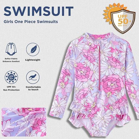 UMELOK Girls Long Sleeve Rash Guard One Piece Swimsuits UPF 50+ Ruffle Zipper Bathing Suit 4-10 Years in Saudi Arabia