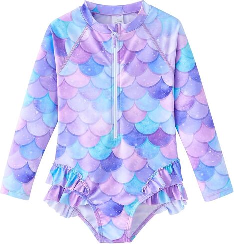 UMELOK Girls Long Sleeve Rash Guard One Piece Swimsuits UPF 50+ Ruffle Zipper Bathing Suit 4-10 Years in Saudi Arabia