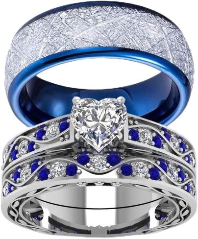 His Hers Wedding Ring Sets Couples Matching Rings Women's 10k White Gold Filled Heart CZ Wedding Engagement Ring Bridal Sets & Men's Tungsten Carbide Wedding Band in Kuwait