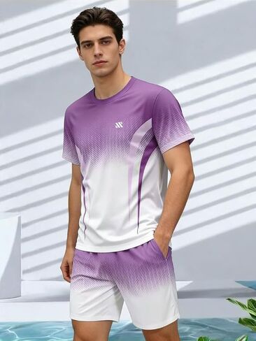 Men's 2 Piece Gradient Tracksuit Short Sleeve T Shirt and Shorts Set Summer Athletic Running Workout Outfits in Saudi Arabia
