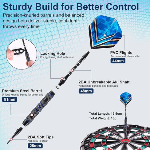 CHERAINTI Darts Plastic Tip Set, Professional Soft Tip Darts for Electronic Dart Board, 12 Pcs 18 Grams with 100 Extra Dart Tips, 12 Aluminum Shafts, 36 Flights, 50 Rubber O-Rings, and Storage Case in Kuwait