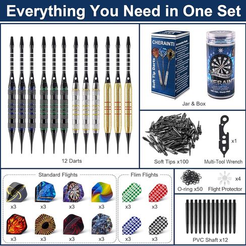 CHERAINTI Darts Plastic Tip Set, Professional Soft Tip Darts for Electronic Dart Board, 12 Pcs 18 Grams with 100 Extra Dart Tips, 12 Aluminum Shafts, 36 Flights, 50 Rubber O-Rings, and Storage Case in Kuwait