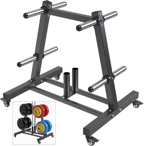 حامل شجرة لوحة الوزن الأولمبي من SELEWARE مع 8 أوتاد وزن وحاملي أثقال، منظم تخزين الصالة الرياضية الفولاذي شديد التحمل مع عجلات قفل للألواح والقضبان الأولمبية مقاس 2 بوصة in Kuwait