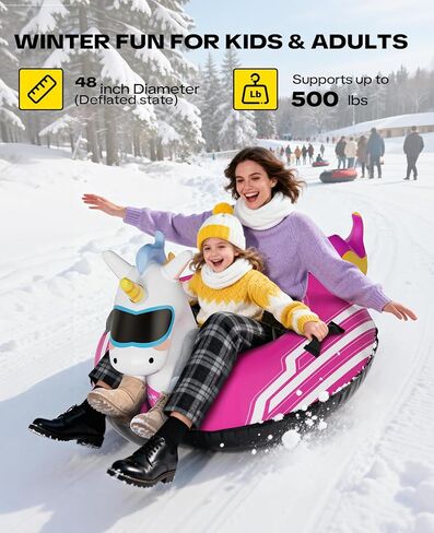 زلاجات أنبوبية ثلجية قابلة للنفخ من Raxurt Unicorn، أنابيب ثلج شديدة التحمل مقاس 48 بوصة للتزلج مع غطاء قماش ممتاز للأطفال البالغين، زلاجات ثلجية شتوية ألعاب ممتعة في الهواء الطلق للأطفال الأولاد والبنات in Kuwait