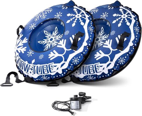2 Pcs Snow Tube Sled with Canvas Cover for Heavy Duty, with Electric Air Pump, Inflatable Winter Sledding Tube with Handles and Thickened Bottom for Kids Adults, Blue Snowflake Design in Saudi Arabia