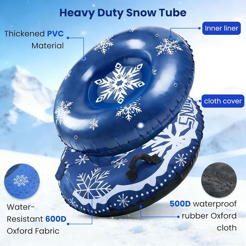 2 Pcs Snow Tube Sled with Canvas Cover for Heavy Duty, with Electric Air Pump, Inflatable Winter Sledding Tube with Handles and Thickened Bottom for Kids Adults, Blue Snowflake Design in Saudi Arabia