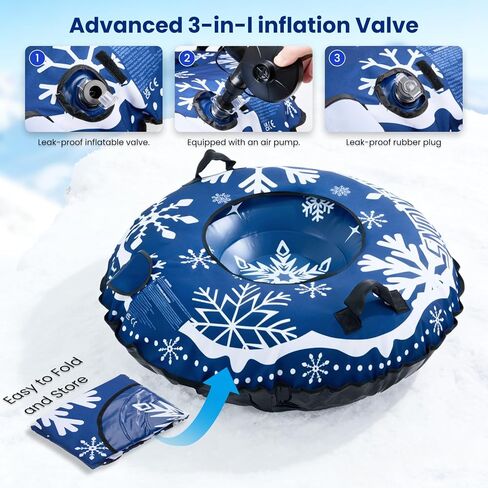 2 Pcs Snow Tube Sled with Canvas Cover for Heavy Duty, with Electric Air Pump, Inflatable Winter Sledding Tube with Handles and Thickened Bottom for Kids Adults, Blue Snowflake Design in Saudi Arabia