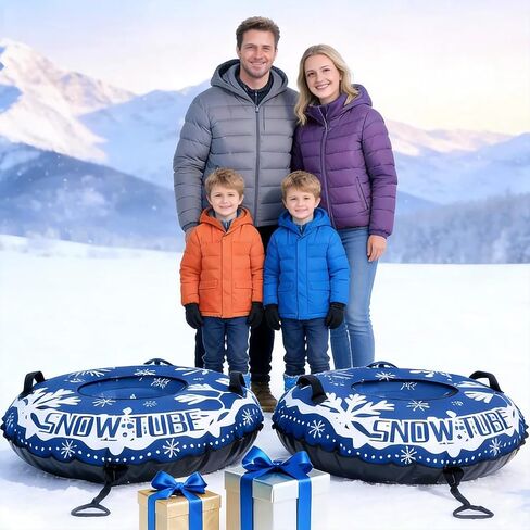 2 Pcs Snow Tube Sled with Canvas Cover for Heavy Duty, with Electric Air Pump, Inflatable Winter Sledding Tube with Handles and Thickened Bottom for Kids Adults, Blue Snowflake Design in Saudi Arabia