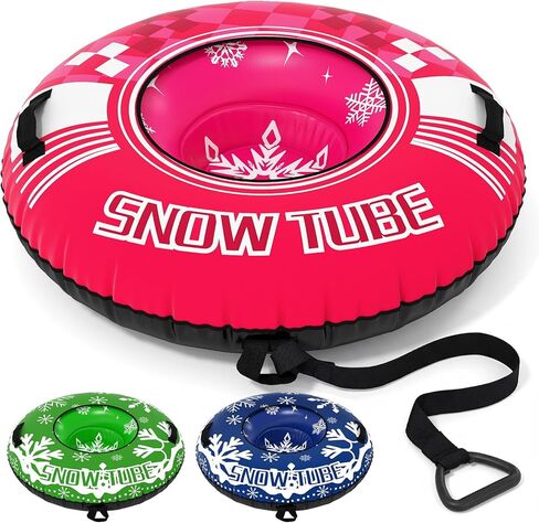 Goplus Inflatable Snow Tube, 42" Heavy-Duty Snow Sledding Tube with Detachable Tow Strap, Thickened Bottom, 3-in-1 Valve, Handles, Winter Outdoor Fun Toy for Kids & Adults, Christmas Birthday in Saudi Arabia