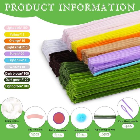 UzecPk Pipe Cleaner, Pipe Cleaner Flower Craft kit, 10 Colors Pipe Cleaners Bulk Chenille Stem Pipe Cleaners Plant Kit for DIY Craft Holiday Creative Decorations with Tutorial and Accessories in Kuwait