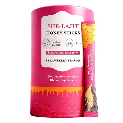 أعواد عسل شيلاجيت للنساء، أعواد العسل بنكهة الفراولة، شيلاجيت مع الشاتافاري والزعفران، 75%+ حمض الفولفيك، 85+ معادن ضئيلة لتحقيق التوازن الهرموني، تعزيز الطاقة والقدرة على التحمل - 30 عصا in Kuwait