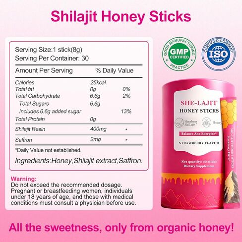 أعواد عسل شيلاجيت للنساء، أعواد العسل بنكهة الفراولة، شيلاجيت مع الشاتافاري والزعفران، 75%+ حمض الفولفيك، 85+ معادن ضئيلة لتحقيق التوازن الهرموني، تعزيز الطاقة والقدرة على التحمل - 30 عصا in Kuwait