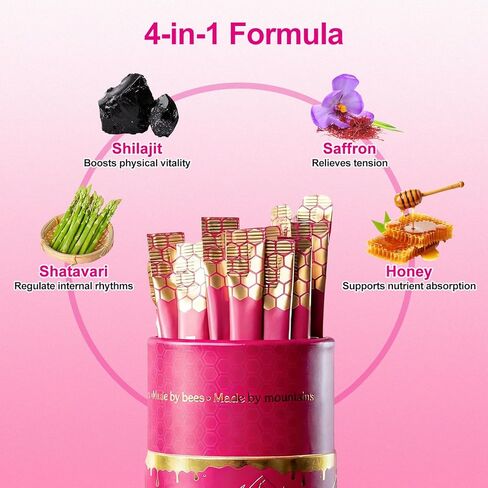 أعواد عسل شيلاجيت للنساء، أعواد العسل بنكهة الفراولة، شيلاجيت مع الشاتافاري والزعفران، 75%+ حمض الفولفيك، 85+ معادن ضئيلة لتحقيق التوازن الهرموني، تعزيز الطاقة والقدرة على التحمل - 30 عصا in Kuwait