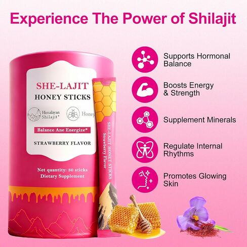 أعواد عسل شيلاجيت للنساء، أعواد العسل بنكهة الفراولة، شيلاجيت مع الشاتافاري والزعفران، 75%+ حمض الفولفيك، 85+ معادن ضئيلة لتحقيق التوازن الهرموني، تعزيز الطاقة والقدرة على التحمل - 30 عصا in Kuwait