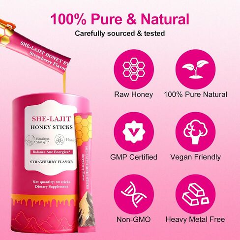 أعواد عسل شيلاجيت للنساء، أعواد العسل بنكهة الفراولة، شيلاجيت مع الشاتافاري والزعفران، 75%+ حمض الفولفيك، 85+ معادن ضئيلة لتحقيق التوازن الهرموني، تعزيز الطاقة والقدرة على التحمل - 30 عصا in Kuwait