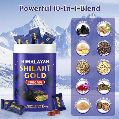 Himalayan Natural Shilajit Gummies I Gold Grade Natural Shilajit with Ashwagandha, Gokshura, Black Musli & 85+ Trace Minerals I No Added Sugar I Non-GMO I 60 Gummy in Kuwait
