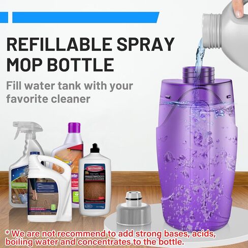 ممسحة أرضية من الخشب الصلب من الألياف الدقيقة - ممسحة جافة ورطبة مع وسادات قابلة للغسل للبلاط والخشب والفينيل والرخام والمطبخ المنزلي - زجاجة قابلة لإعادة التعبئة سعة 500+ مل (رمادي) in Kuwait