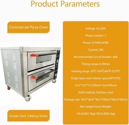 220V Commercial Pizza Oven 6.4KW Single Phase 2 Deck 2 Pan Stainless Steel Movable Electric Baking Oven with Independent Thermostat for Pizzeria, Restaurant, Bakery in Saudi Arabia