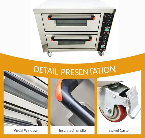 220V Commercial Pizza Oven 6.4KW Single Phase 2 Deck 2 Pan Stainless Steel Movable Electric Baking Oven with Independent Thermostat for Pizzeria, Restaurant, Bakery in Saudi Arabia