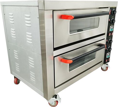 220V Commercial Pizza Oven 6.4KW Single Phase 2 Deck 2 Pan Stainless Steel Movable Electric Baking Oven with Independent Thermostat for Pizzeria, Restaurant, Bakery in Saudi Arabia
