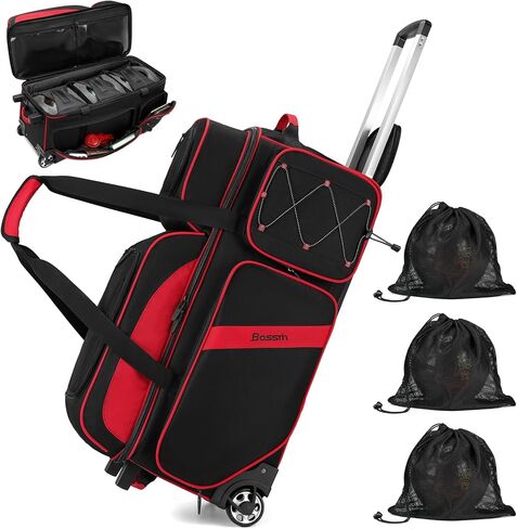 أكياس بولينج 3 كرات مع عجلات من بوستين، كوب كرة ثابت لاصق آمن وحجرة للأحذية، حقيبة كرة بولينج 3 كرات دوارة مع جيوب متعددة in Kuwait